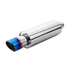 Horizontal view of Exhaust Muffler 63mm Stainless Steel Bolt-on Colorful Angle-cut tip HB8 in burnt blue