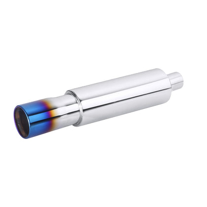 Horizontal view of Exhaust Muffler 63mm Stainless Steel Bolt-on Colorful Straight cut tip HB20 in burnt blue