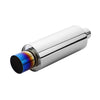 Horizontal view of Exhaust Muffler 63mm Stainless Steel Bolt-on Colorful Straight cut tip HB222 in burnt blue